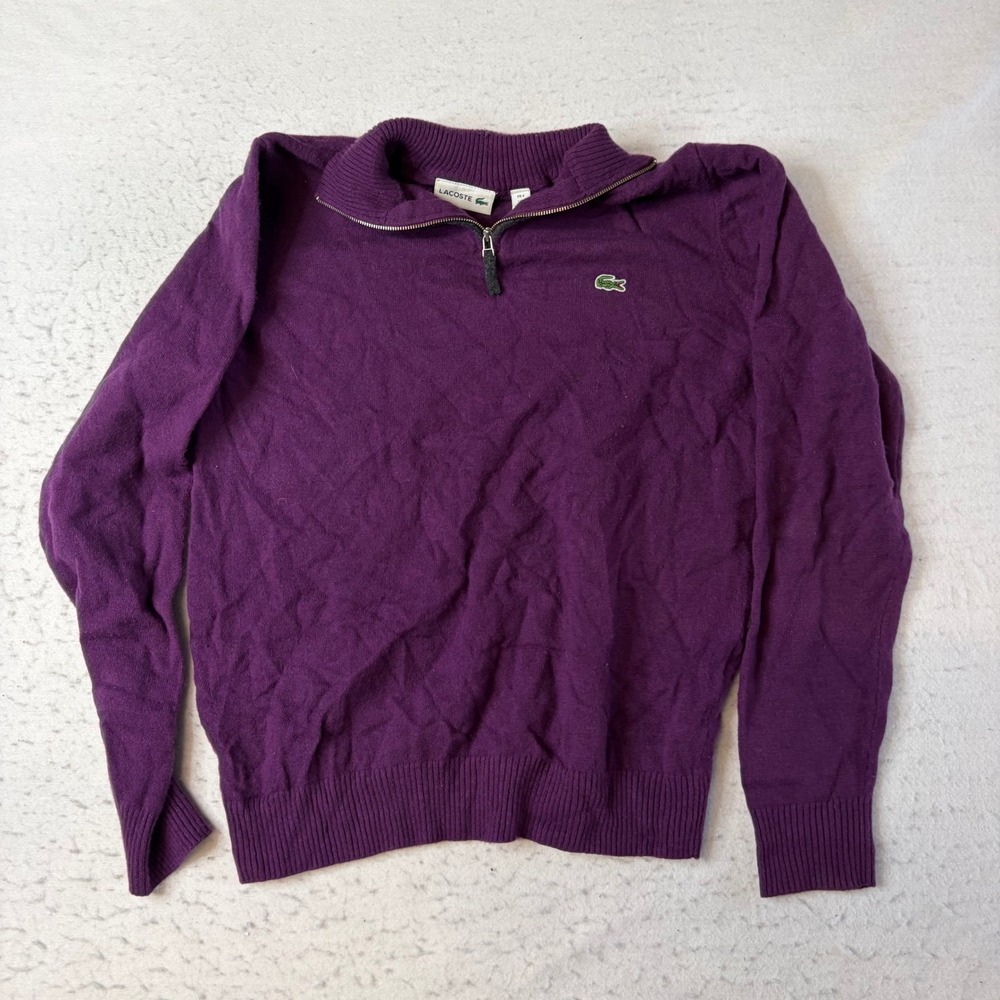 Lacoste 1/4 Zip Sweater Mens Medium Purple Long Sleeve Cotton Pullover Wool